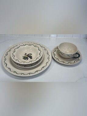 Vintage Poppytrail California Provincial Green Rooster Dinnerware Set By Metlox